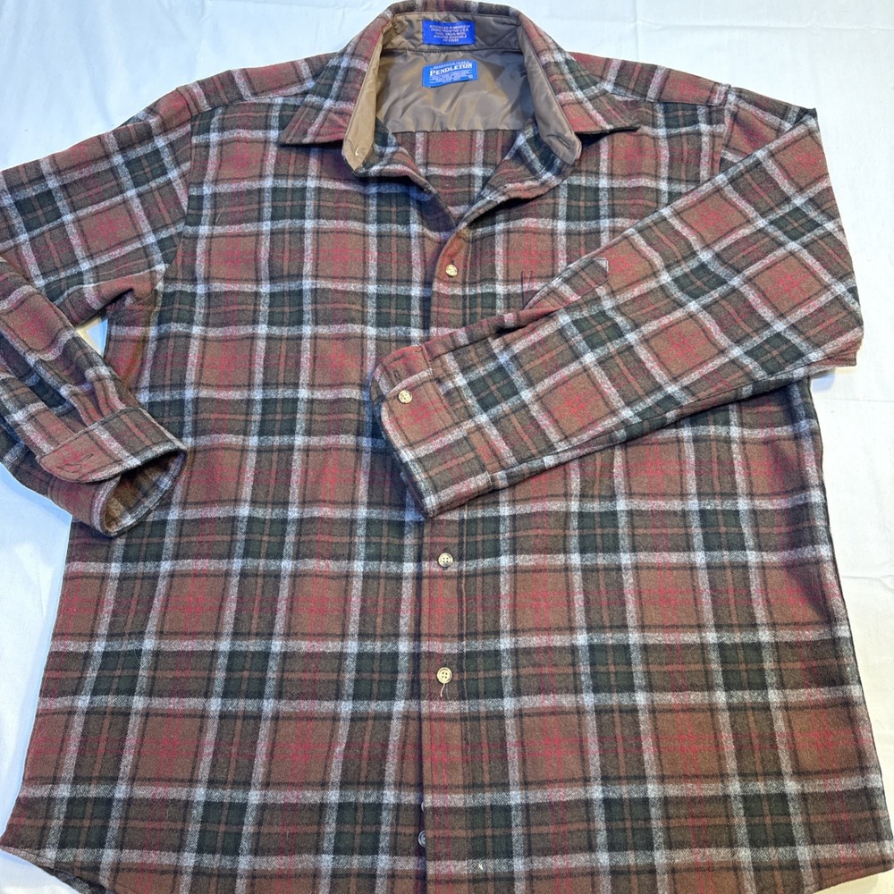 SHIRT Pendleton MENS LARGE 100% Wool L/S Plaid Button Gray BLK Red
